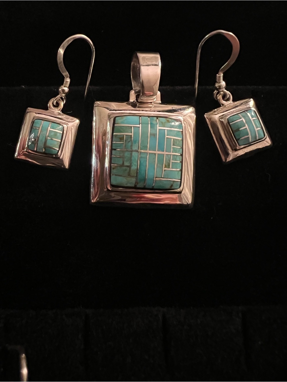 Turquoise Inlay Silver Pendant and Earring Set